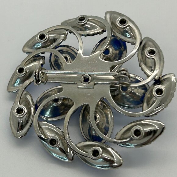 Vintage Blue Cabochon Brooch Rhinestone Floral Acrylic Plastics1940s-1950s Rivet - Picture 6 of 15
